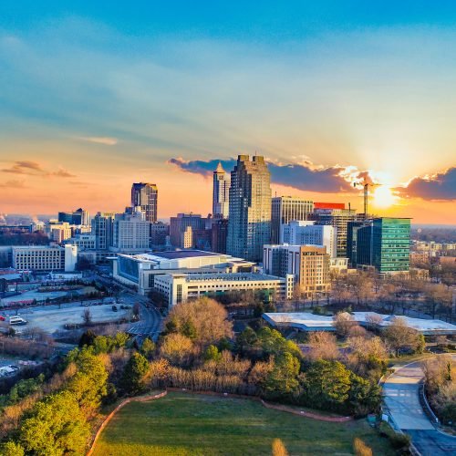 Downtown Raleigh, North Carolina, USA Drone Skyline Aerial.